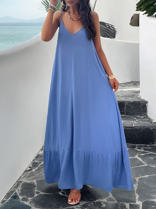 Loose Sleeveless Pleated Solid Color Split-Joint Spaghetti-Neck Maxi Dresses