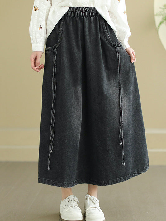 A-Line Loose Elasticity Pockets Tied Skirts Bottoms