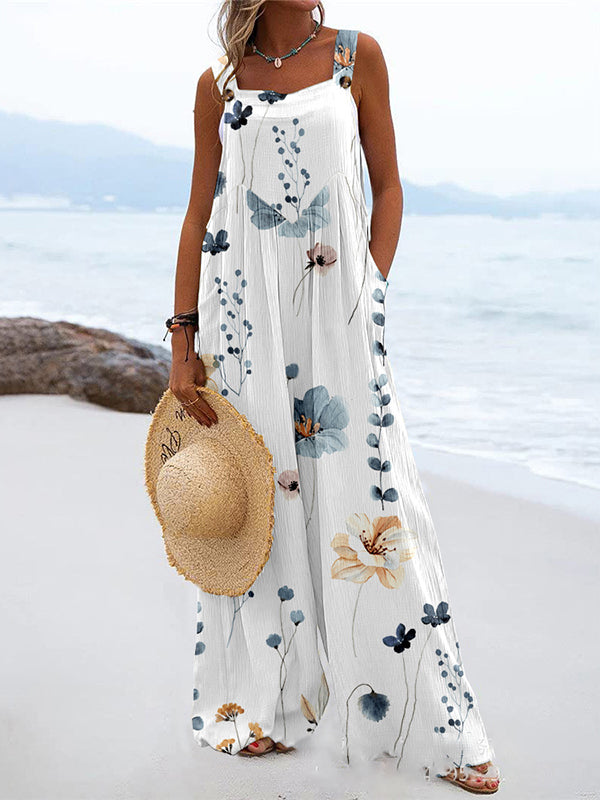 Loose Sleeveless Buttoned Flower Print Pleated Pockets Split-Joint Square-Neck Jumpsuits