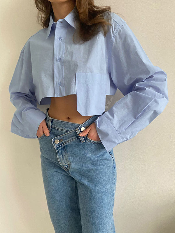 Long Sleeves Loose Asymmetric Buttoned Pockets Solid Color Split-Joint Lapel Blouses&Shirts Tops