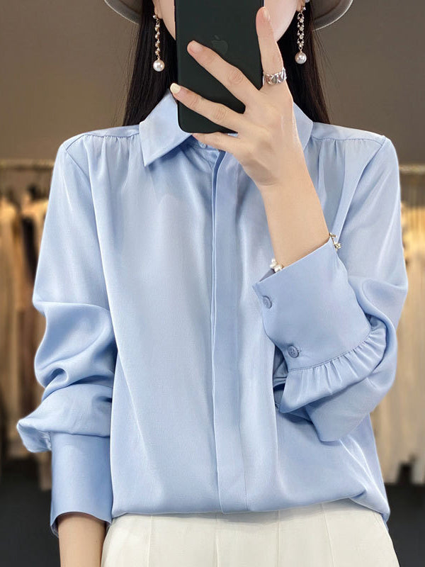 Long Sleeves Loose Buttoned Pleated Solid Color Lapel Blouses&Shirts Tops