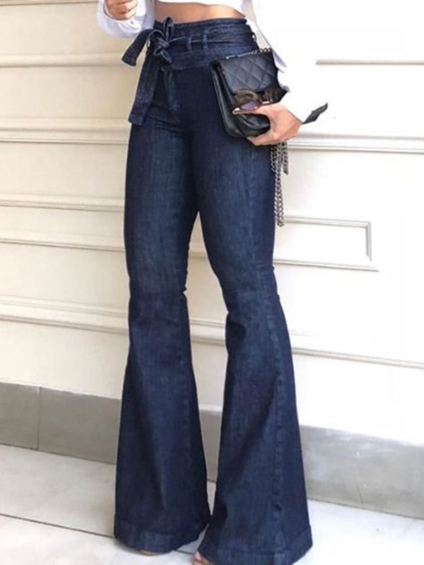 Flared Pants High Waisted Solid Color Tied Waist Jean Pants Bottoms