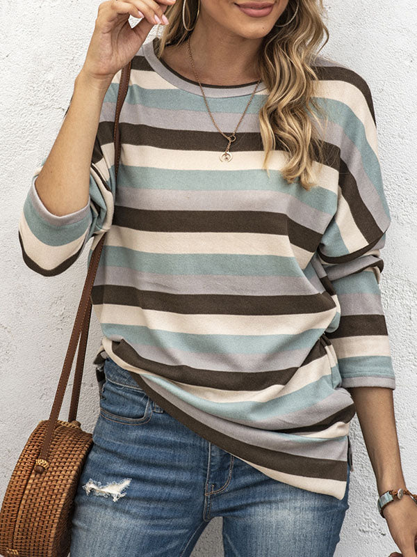 Long Sleeves Loose Split-Side Striped Round-Neck Sweatshirt Tops