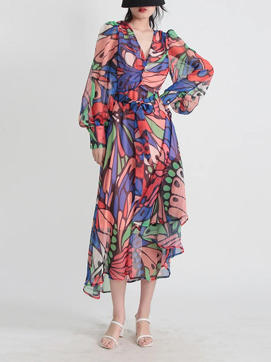 High Waisted Long Sleeves Buttoned Printed Split-Joint V-Neck Midi Dresses