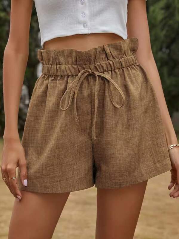 High Waisted Loose Drawstring Elasticity Pleated Solid Color Shorts Bottoms