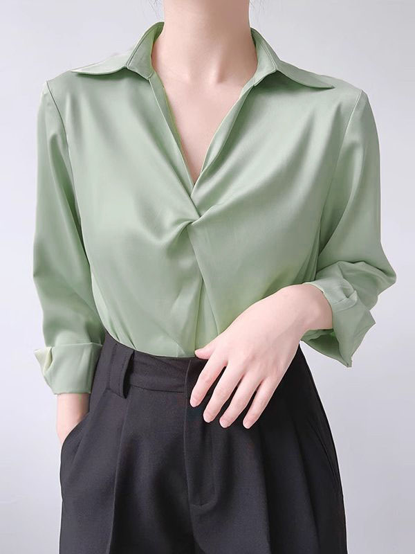 Long Sleeves Loose Knot Solid Color Lapel Blouses&Shirts Tops