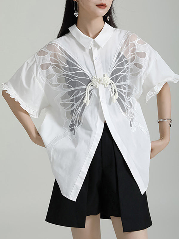 Half Sleeves Loose Buttoned Mesh Reversible See-Through Split-Back Split-Joint Lapel Blouses&Shirts Tops