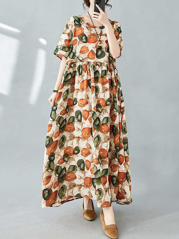 Half Sleeves Loose Pleated Printed Split-Joint Round-Neck Midi Dresses