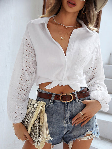 Long Sleeves Loose Buttoned Hollow Pockets Solid Color Split-Joint Lapel Blouses&Shirts Tops