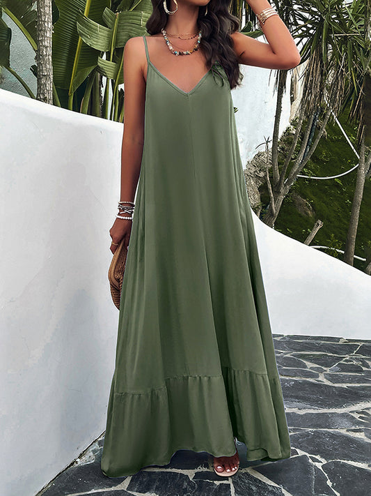 Loose Sleeveless Pleated Solid Color Split-Joint Spaghetti-Neck Maxi Dresses