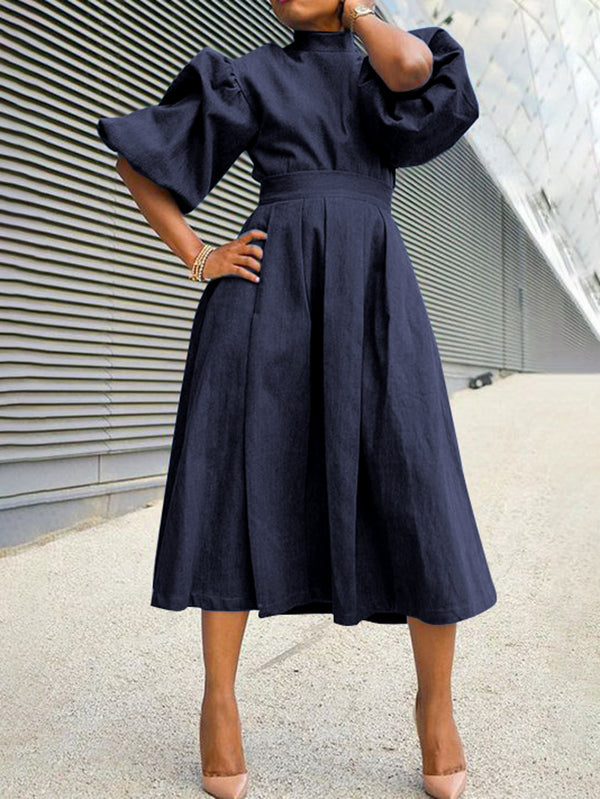 A-Line Puff Sleeves Pleated Pockets Solid Color Split-Joint Mock Neck Midi Dresses