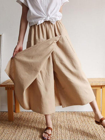 Loose Wide Leg Asymmetric Elasticity Pockets Solid Color Split-Front Split-Joint Pants Trousers