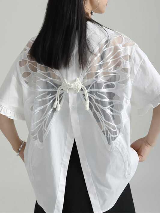 Half Sleeves Loose Buttoned Mesh Reversible See-Through Split-Back Split-Joint Lapel Blouses&Shirts Tops