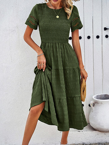 A-Line Loose Elasticity Hollow Solid Color Split-Joint Round-Neck Midi Dresses