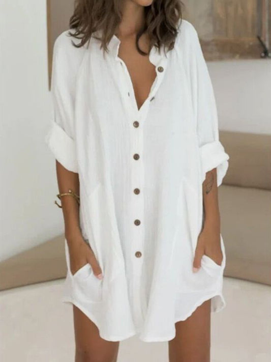 Long Sleeves Loose Buttoned Pockets Lapel Mini Dresses Shirt Dress