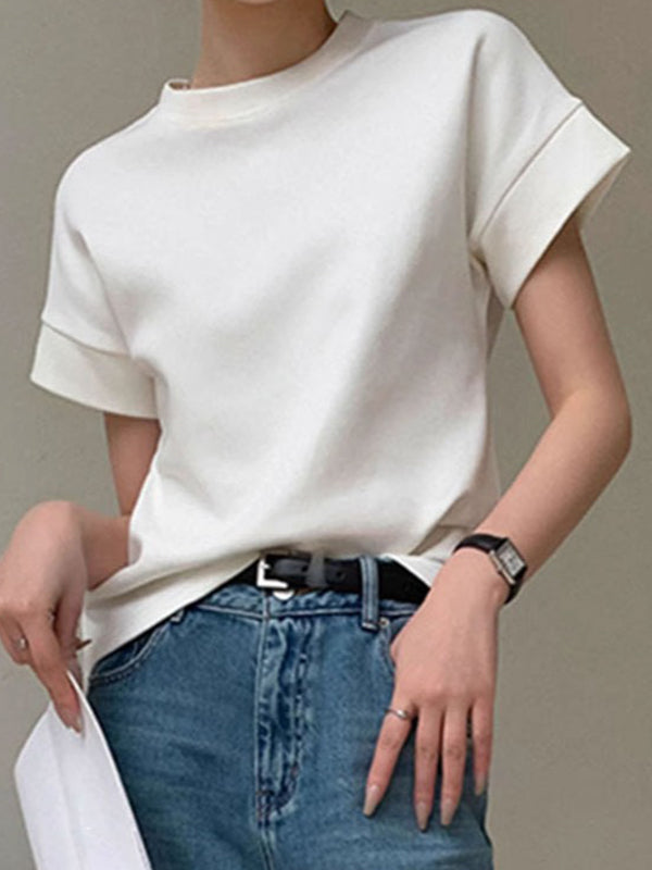 Loose Short Sleeves Solid Color Round-Neck T-Shirts Tops