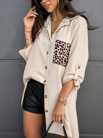 Long Sleeves Loose Leopard Split-Joint Lapel Blouses