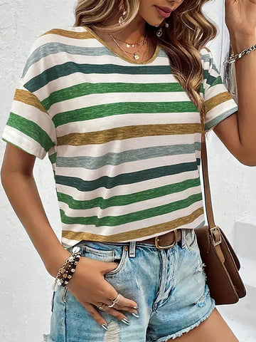 Loose Short Sleeves Striped Round-Neck T-Shirts Tops