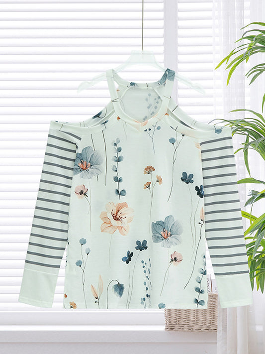 Long Sleeves Loose Flower Print Hollow Split-Joint Striped Cold Shoulder T-Shirts Tops