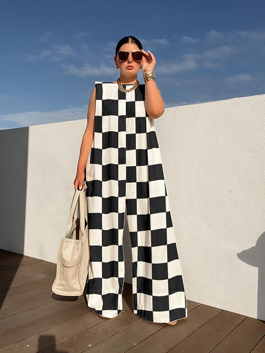 Loose Sleeveless Checkerboard Split-Joint Round-Neck Jumpsuits