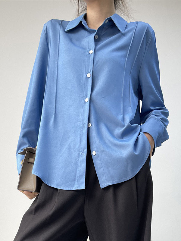 Long Sleeves Loose Pleated Split-Joint Lapel Blouses&Shirts Tops