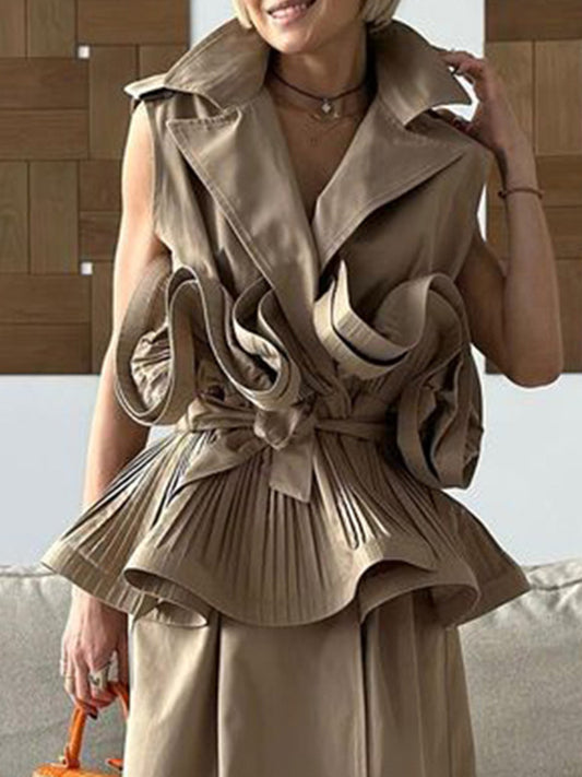 Loose Sleeveless Buttoned Pleated Ruffled Solid Color Tied Waist Notched Collar Blouses&Shirts Tops