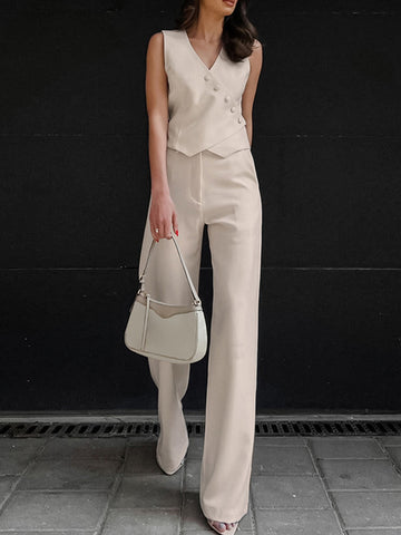 Solid Color Sleeveless Asymmetric Split-Joint  V-Neck Vest Tops +  Straight Leg Pants Suits Two Pieces Set