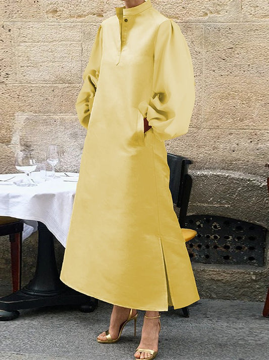 A-Line Long Sleeves Buttoned Pleated Pockets Solid Color Split-Side Stand Collar Midi Dresses