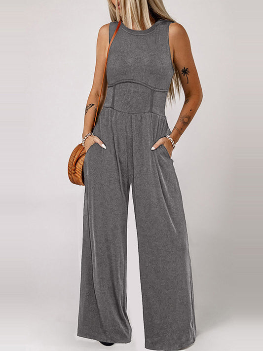 High Waisted Loose Pockets Solid Color Round-Neck Jumpsuits