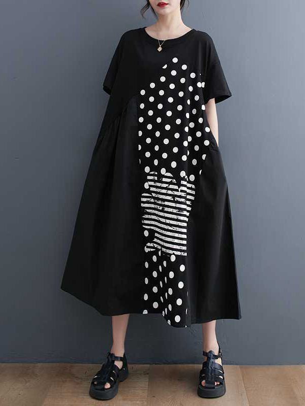 A-Line Loose Asymmetric Pockets Polka-Dot Split-Joint Round-Neck Midi Dresses