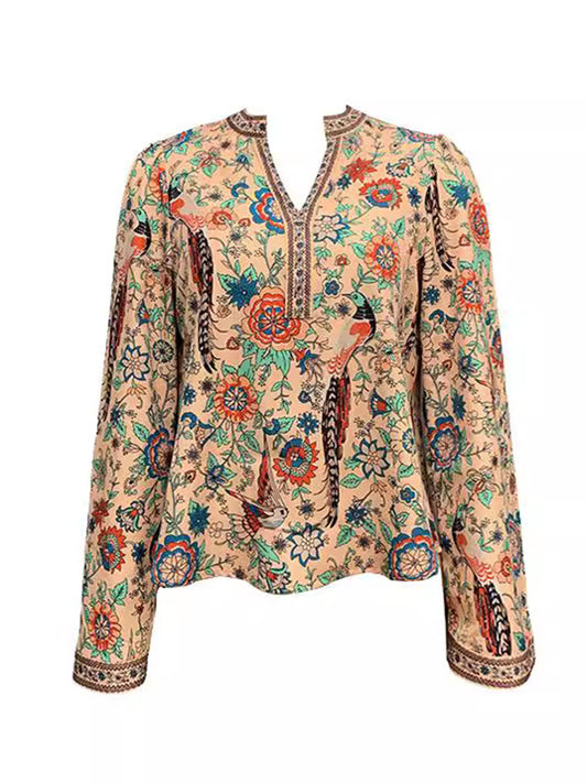 Flared Sleeves Long Sleeves Flower Print V-Neck Blouses&Shirts Tops