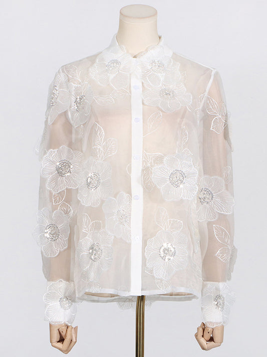 Long Sleeves Loose Buttoned Embroidered See-Through Three-Dimensional Flower Lapel Blouses&Shirts Tops