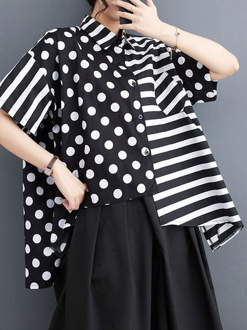 Loose Short Sleeves Buttoned Contrast Color Pockets Polka-Dot Split-Back Split-Joint Striped Lapel Blouses&Shirts Tops