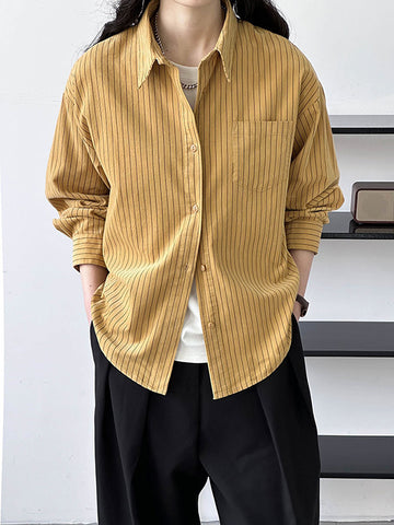 Long Sleeves Loose Buttoned Pockets Striped Lapel Blouses&Shirts Tops