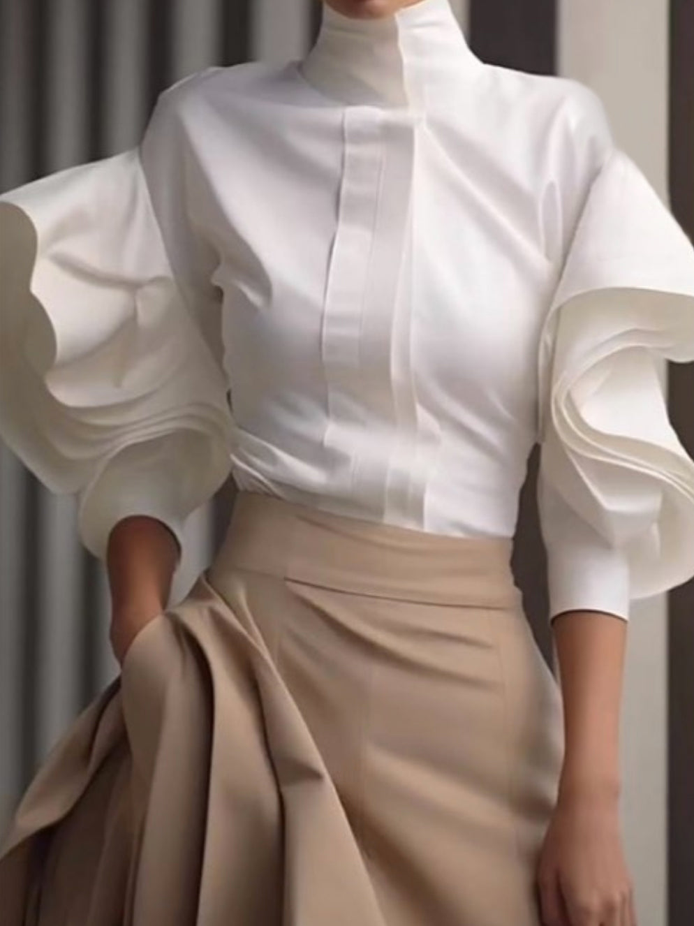 Half Sleeves Ruffle Sleeves Solid Color Stand Collar Blouses&Shirts Tops