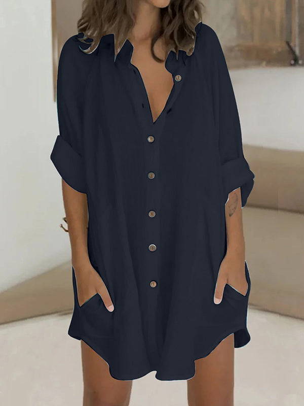 Long Sleeves Loose Buttoned Pockets Lapel Mini Dresses Shirt Dress