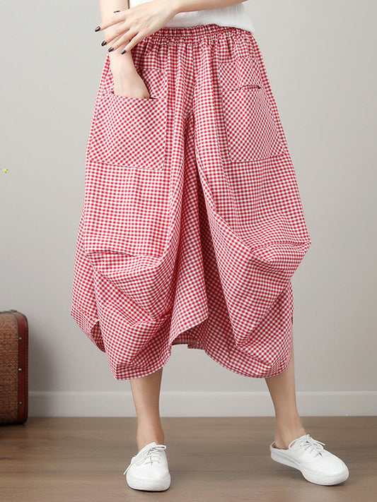 High Waisted Irregularity Elasticity Plaid Pleated Pockets Skirts