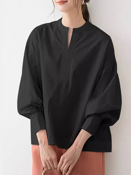 Long Sleeves Loose Solid Color Split-Joint V-Neck Blouses&Shirts Tops