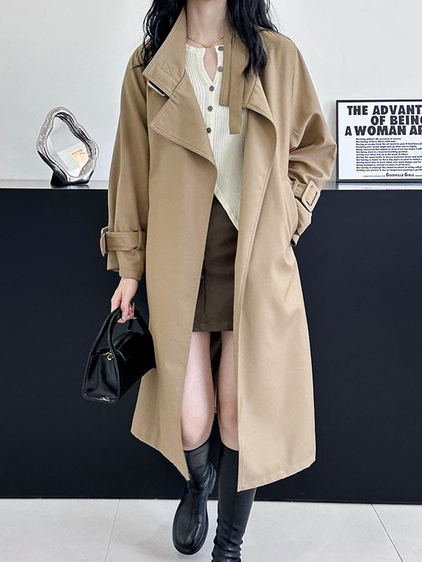 Long Sleeves Loose Buckle Pockets Solid Color Split-Back Tied Waist Lapel Trench Coats