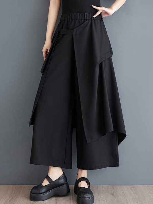 High Waisted Loose Elasticity Pockets Solid Color Ninth Pants Trousers