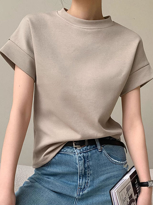 Loose Short Sleeves Solid Color Round-Neck T-Shirts Tops