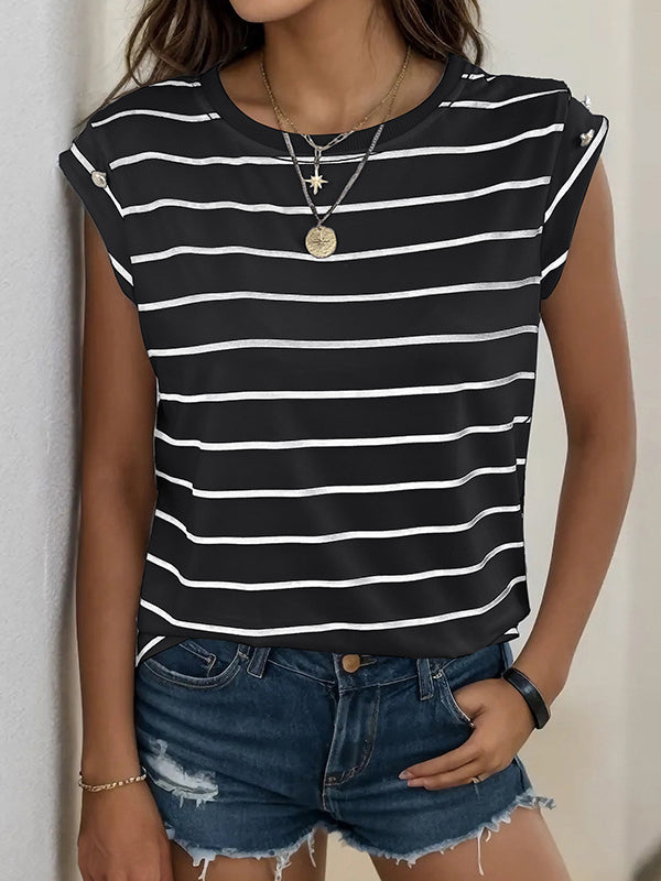 Loose Short Sleeves Split-Joint Striped Round-Neck T-Shirts