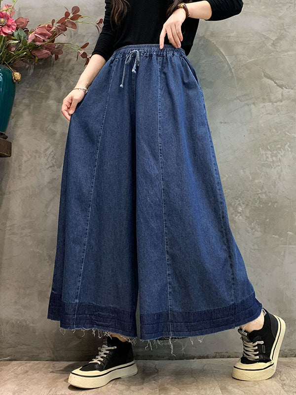 Loose Wide Leg Drawstring Elasticity Fringed Pockets Jean Pants Bottoms