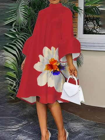 Flared Sleeves Loose Floral Printed Split-Joint High Neck Midi Dresses