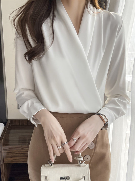 Long Sleeves Loose Buttoned Solid Color V-Neck Blouses&Shirts Tops