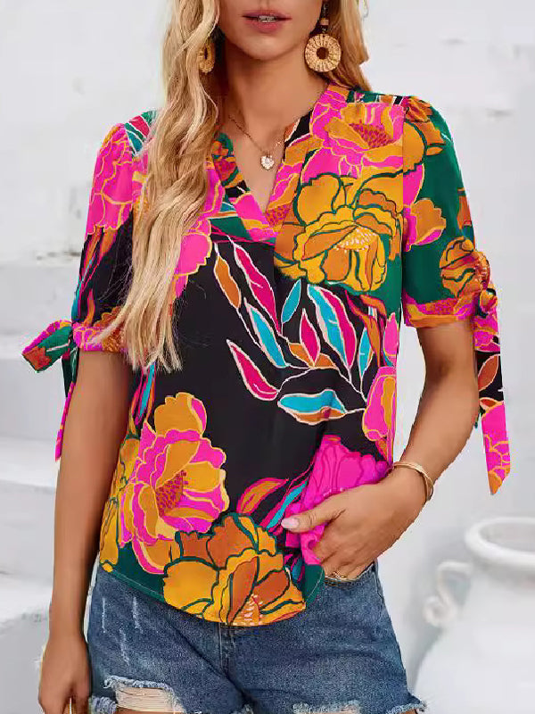 Loose Short Sleeves Flower Print Tied V-Neck Blouses&Shirts Tops