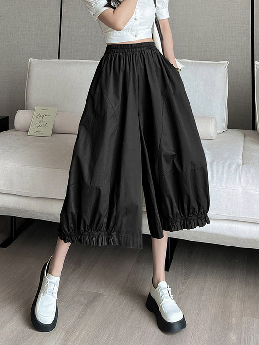 High Waisted Loose Elasticity Solid Color Split-Joint Knickerbockers Ninth Pants Pants Trousers