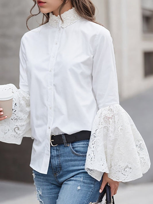 Long Sleeves Loose Buttoned Solid Color Split-Joint Mock Neck Blouses&Shirts Tops