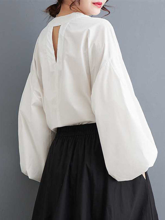 Loose Nine-Minute Sleeve Buttoned Hollow Pleated Solid Color Round-Neck Blouses&Shirts Tops