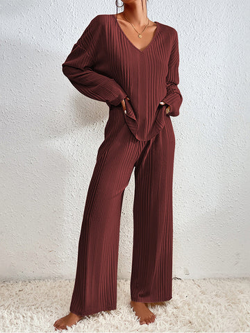 Long Sleeves Loose Solid Color V-Neck Shirt Top + Pants Bottom Pajama Sets